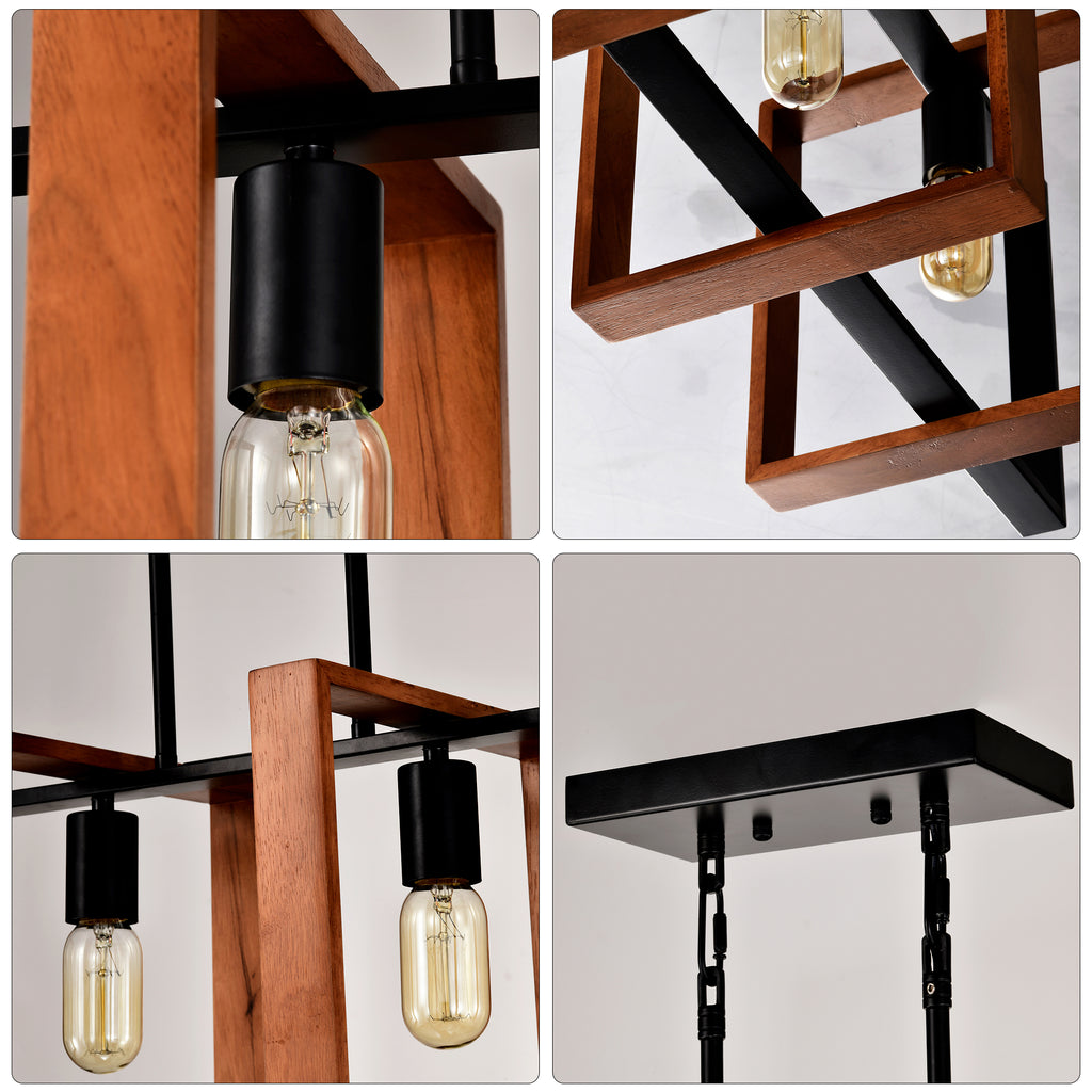 Rustic Wood And Black Metal Rectangular Chandelier
