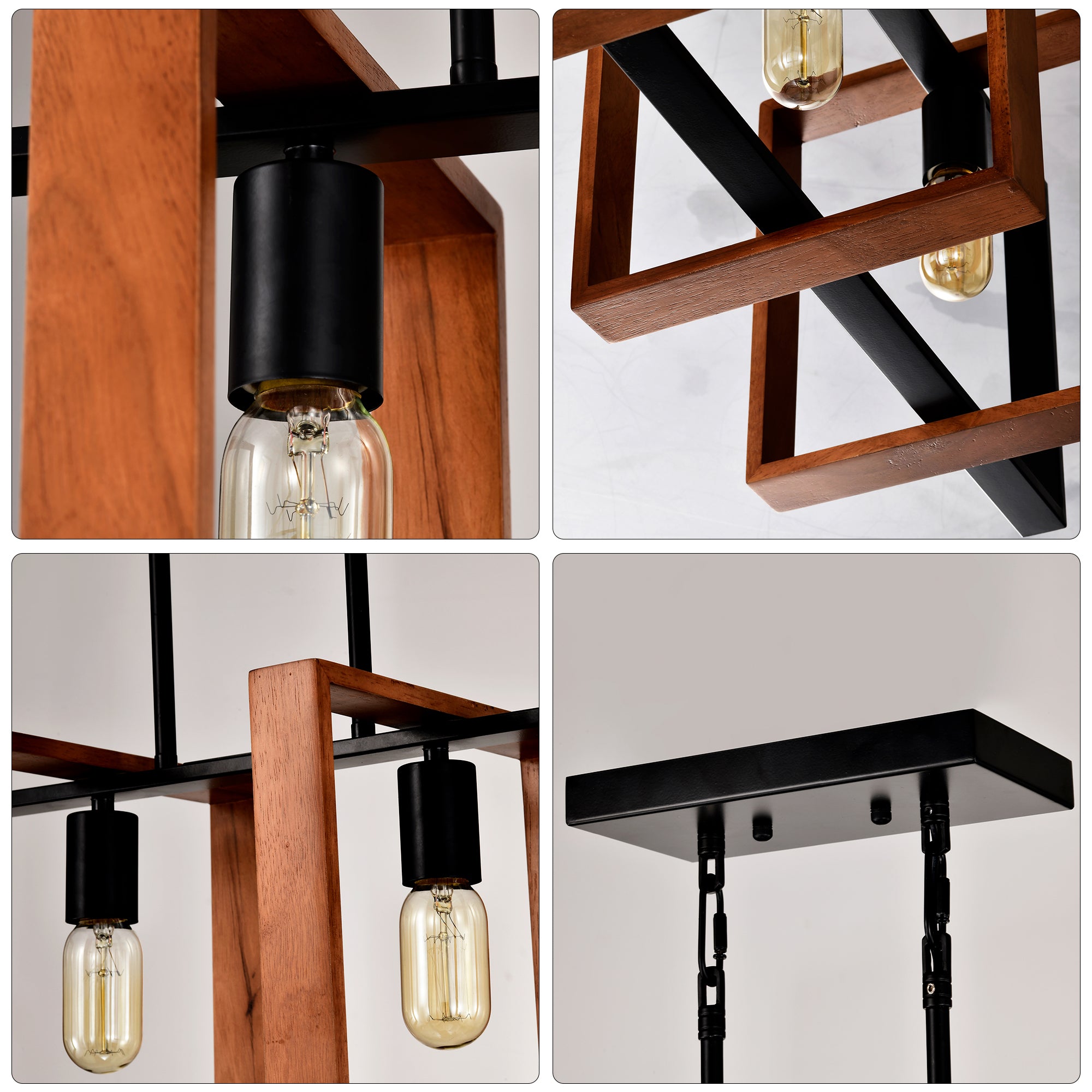 Rustic Wood And Black Metal Rectangular Chandelier