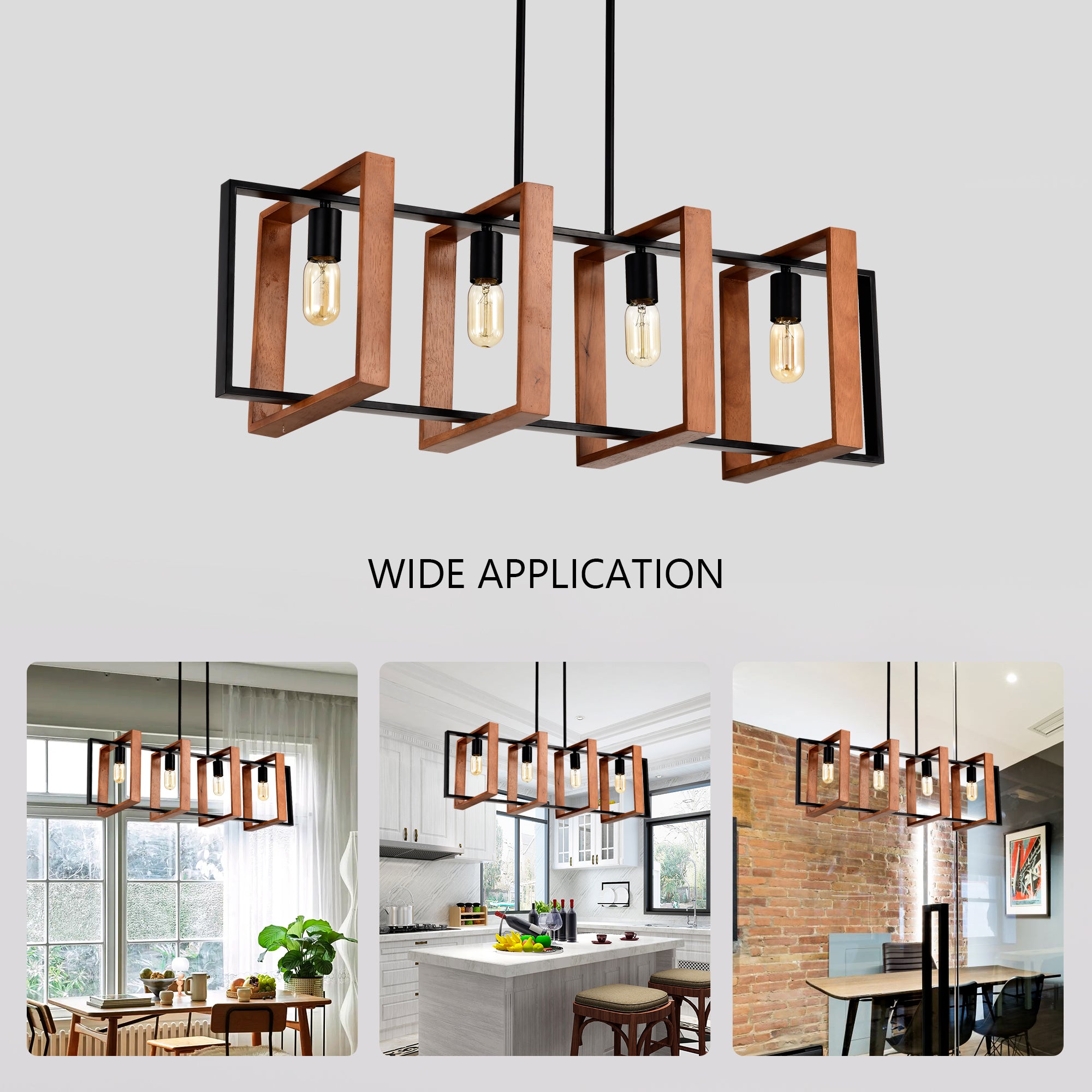 Rustic Wood And Black Metal Rectangular Chandelier
