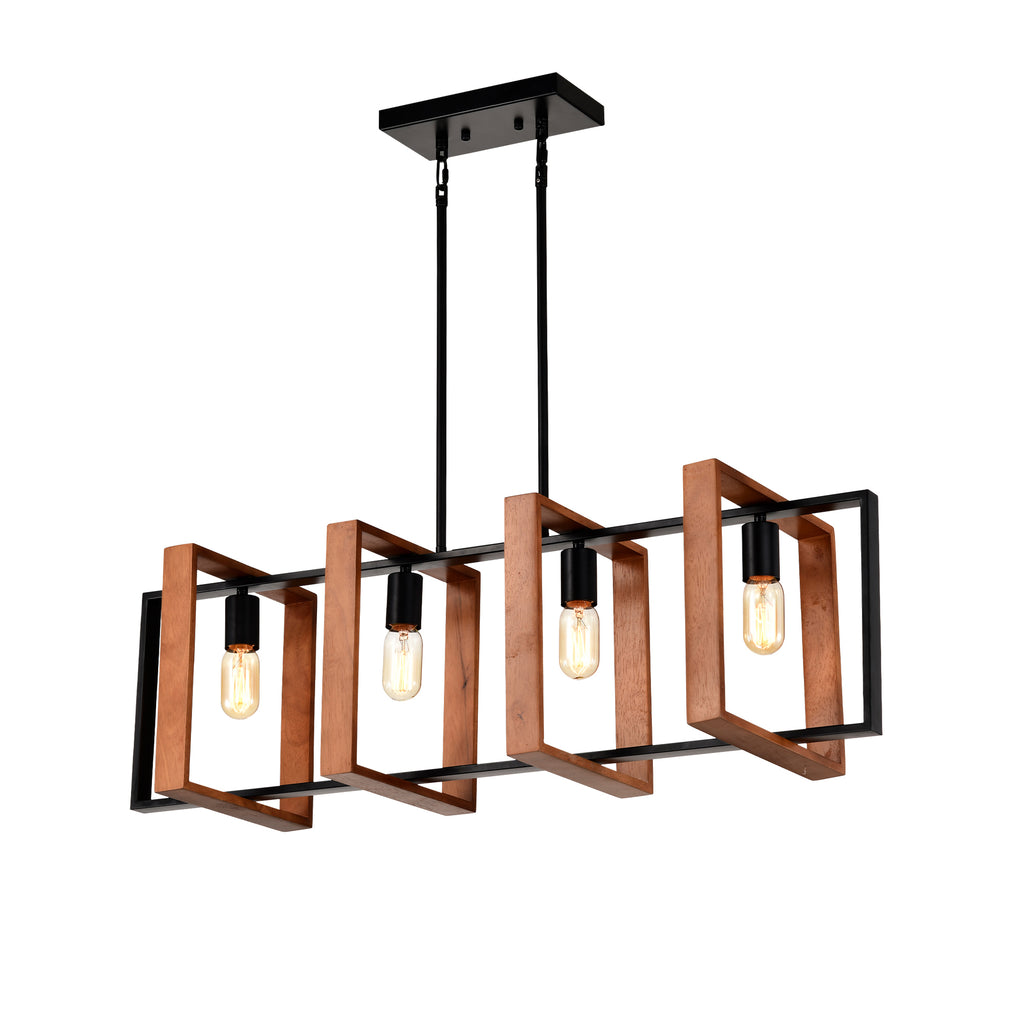 Rustic Wood And Black Metal Rectangular Chandelier